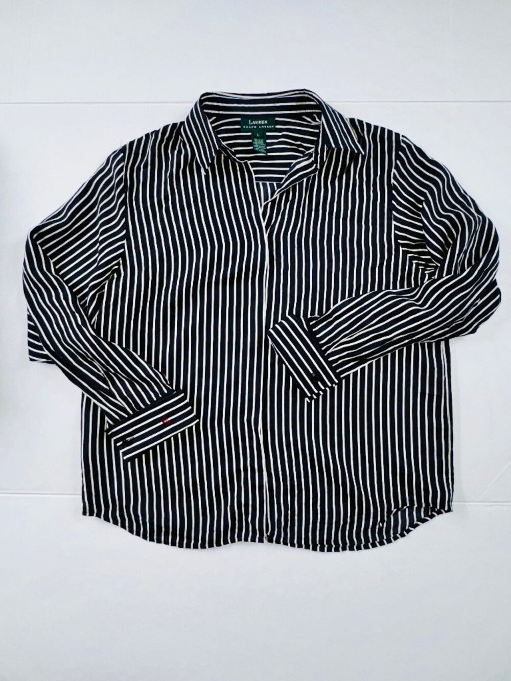 Lauren Ralph Lauren 100% Silk Black White Striped Blouse RLL on Cuff Size Large